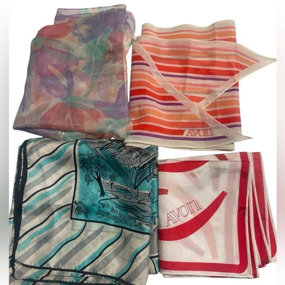 Lot of 4 Vintage Scarf Lot Avon Red Blue Purple Park Scene - Picture 1 of 12